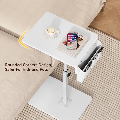 Vagusicc Sofa Armrest Tray Table for Couch, 360° Swivel Height Adjustable TV Tray Table for Small Spaces, Snack Side Table for Couch, Bed, Chair, C Shaped End Side Table for Eating, Reading, Laptop - color: White, style: With Storage Bag
