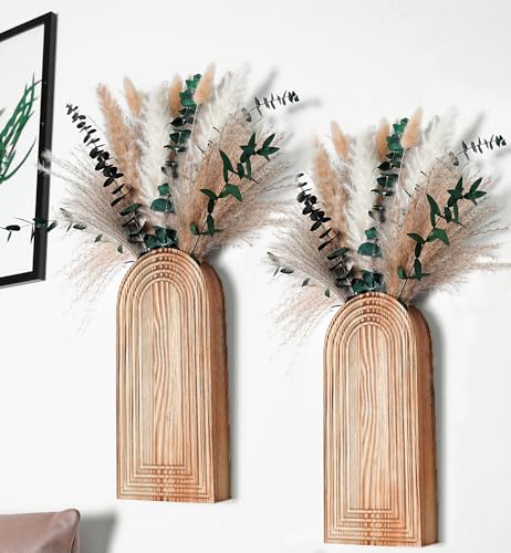 Set of 2 Wooden Vases with Pampas Grass and Eucalyptus – Boho Decor for Living Room, Modern Farmhouse Entryway or Bathroom, Rustic Art for Home Decoration - style: A