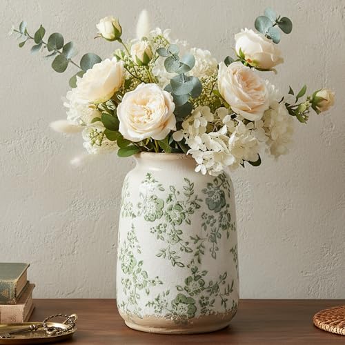Ronasip Vintage Blue and White Chinoiserie Ceramic Vase, 6.9” Hand-Painted Peony Floral Design, Antique Style Vases for Home Decor, Centerpieces, Living Room, Balcony (Green and White) - color: Green and White