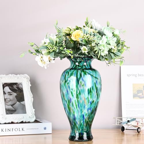 11.8" Tall Turquoise Glass Vase Beautiful Hand Blown Glass Vase Modern Art Home Decor, Wide Mouth Colorful Vases for Mantle Dining Table Centerpiece, Entryway Living Room Wedding Decoration - color: Jade Green