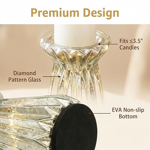 Home Decor, Mercury Glass Pillar Candle Pedestal Holders with 10 Led Lights, Lighted up Candle Holder for Pillar Candle, Glass Candlestick Holders with Timer for Wedding Dining Table Xmas (Silver) - color: Silver