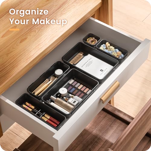 A-LuGei 【𝟮𝟴𝗣𝗖𝗦】 【𝟱𝗦𝗶𝘇𝗲】 Black Drawer Organizer, Makeup organizer, 【Holds 177 Items】 Bathroom Organizers and Storage, Plastic Desk Organizer Divider, Organizer Bins for Office Vanity - color: Black