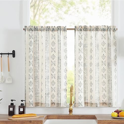 jinchan Boho Kitchen Curtains Linen Tier Curtains 24 Inches Bohemian Cafe Small Drapes Gray Striped Mudcloth Farmhouse for Bathroom RV Camper Light Filtering Rod Pocket 2 Panels Grey on Beige - color: Boho Grey on Beige, size: 26"W x 24"L (Pack of 2)