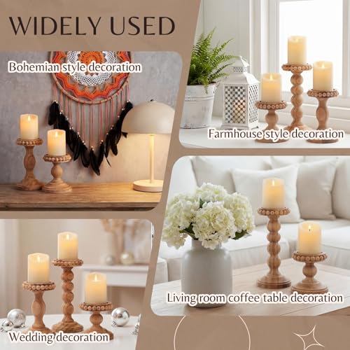 Mumufy 3 Pcs Candle Holders for Pillar Candles Rustic Farmhouse Home Decor Decorative Washed Beaded White Black Wood Candle Holder Country Style for Table Mantel Fireplace Wedding(Pine Brown,Small) - color: Pine Brown, size: Small