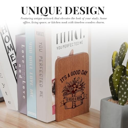 Book Lovers Gifts, Novelty Bookends Unique, Gifts for Book Lovers, Heavy Duty Wooden Book Ends for Shelves Decorative(1 Pair, 4.72x6.69 Inches) - Good Day - color: Goodday