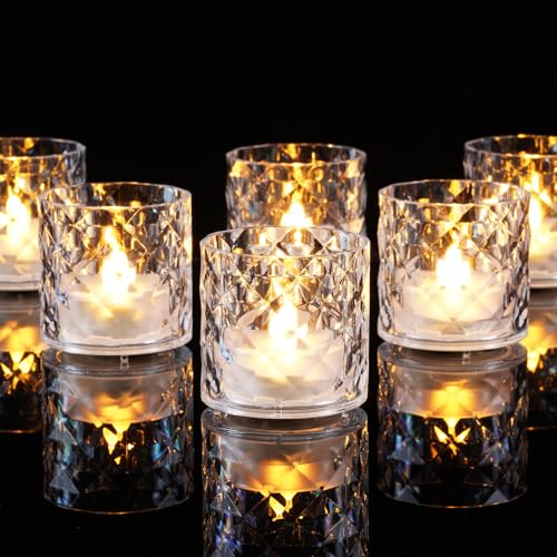 Homemory 2" x 2" Acrylic Votive Candle Holders with Auto Timer Flameless Led Tealight, Battery Powered Fake Electric Candles for Wedding Centerpiece, Table, Christmas Decor (12Pack, Clear Base) - color: Clear, size: 12 Pack