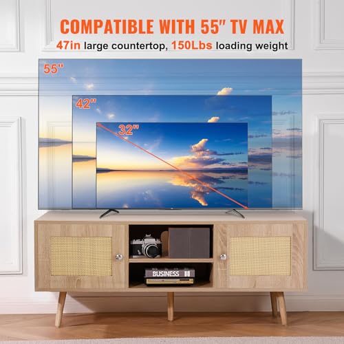 VEVOR Rattan TV Stand, Boho TV Cabinet for 55 inch TV, Mid Century Modern TV Stand, Rattan TV Console with Adjustable Shelfs for Living Room, Media Room, Oak - color: Oak, size: for 55" TVs