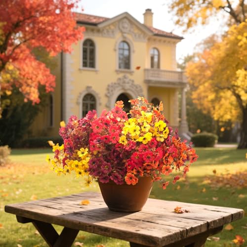 Grunyia 20 Bundles UV Resistant Artificial Fall Flowers for Outdoor - No Maintenance Thanksgiving Decor with Orange Blooms, Faux Silk & Plastic Plants for Porch, Yard (Fall Coffee Mix) - color: Fall Coffee Mix