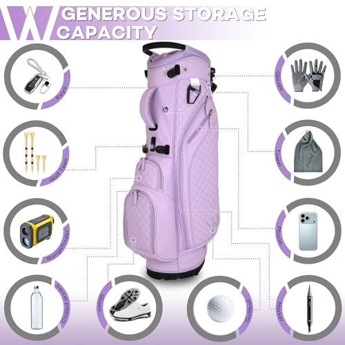 Luxury Womens Golf Bag, PU Leather Golf Stand Bag for Women/Ladies, 14-Way Full-Length Top Dividers, Ultra Lightweight, Large Pockets for Accessories - color: Lavender