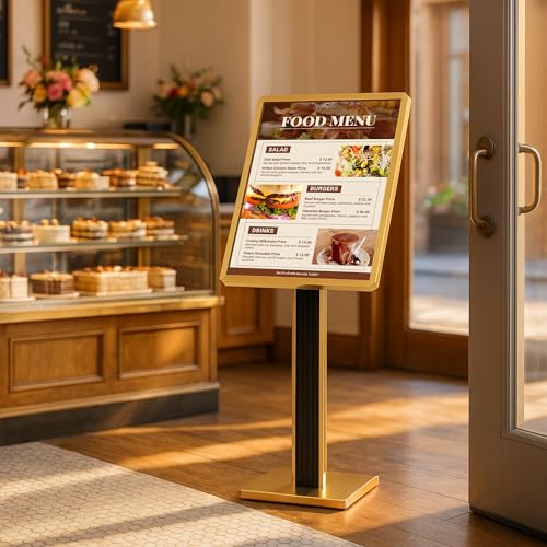 Sign holder floor stand,Heavy-Duty Pedestal poster stand for display,21×29 inch Adjustable Aluminum Menu Stand for Restaurant(Gold) - color: Gold