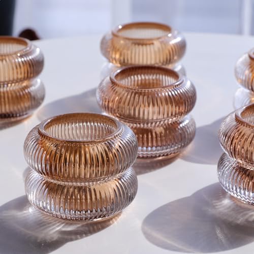 Woho Ribbed Votive Candle Holders Set of 6 for Wedding Table, Amber Tealight Candle Holder Glass for Home Decor, Vintage Tea Lights Candle Holder for Thanksgiving/Fall Decor(Brown, 2.1" H X 2.75" D) - color: Brown