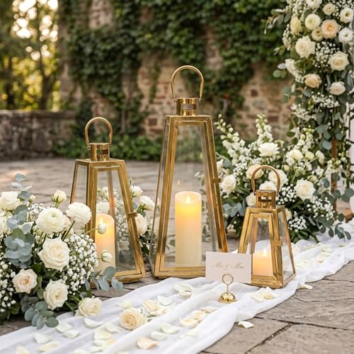 TRIROCKS Set of 3 Stainless Steel Candle Lantern 21/16/11''H Metal Outdoor Candle Holder Decorative Hanging Lantern with Tempered Glass for Home Living Room Parties Event Indoor Outdoor(Gold Triangle) - color: Gold
