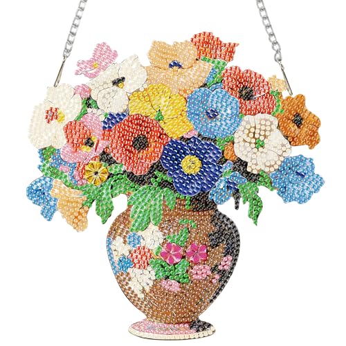 Auremi Vase Flower Diamond Art Hanging Kit for Adult, Special Shaped Rhinestone, DIY Acrylic 5D Flower Diamond Painting Window Pendants Signs, Home Garden Wall Hanging Ornament - color: Flower