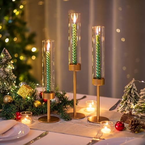 Glass Hurricane Candlestick Holders Gold - Romadedi Taper Candle Holder Tall Clear Glass Cylinder Table Centerpiece Wedding Decor Party Birthday Christmas Home Decorations Set of 3 - size: 3 PCS