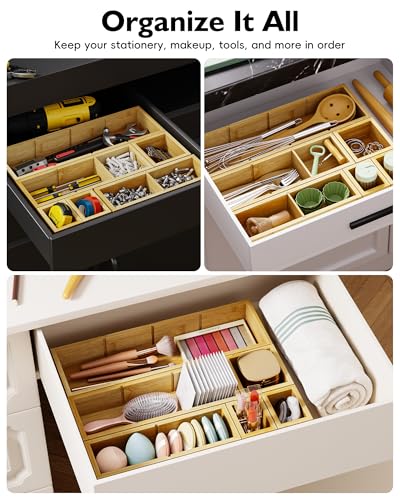 6PCS Desk Drawer Organizer Tray with 12 Compartments – Bamboo Office Storage Boxes Set for Junk Drawer Supplies, Utensils, Cosmetics, Jewelry and More - size: 12 Compartments