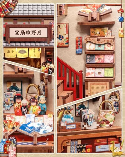 Book Nook Kit - DIY Miniature Japanese Fan House, 3D Wooden Puzzle Dollhouse with LED Lights, Tiny Bookend & Creative Bookshelf Decor, Crafts Gifts for Adults - style: Tsukino Eogi-dou