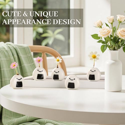 Mini Ceramic Bud Vases, Cute Small Tiny Flower Vases for Home Decor, Wedding Party, Birthday Gift (Ceramic Japanese Rice Ball-5 Pack)