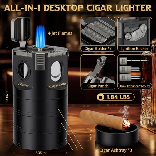 XIFEI 8-in-1 Desktop Cigar Lighter Kit, 4 Jet Flame Torch Lighter with V Cutter Guillotine, Punch, Holder, 3 Draw Enhancer Tools, 3 Ashtrays, Cigar Accessories for Home, Office, Bar & Gifts (Black) - color: Black