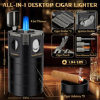 XIFEI 8-in-1 Desktop Cigar Lighter Kit, 4 Jet Flame Torch Lighter with V Cutter Guillotine, Punch, Holder, 3 Draw Enhancer Tools, 3 Ashtrays, Cigar Accessories for Home, Office, Bar & Gifts (Black) - color: Black