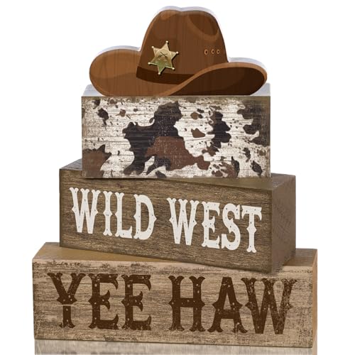 Yuntau 4 Pcs Western Tiered Tray Decorations Set Cowboy Hat Stack Block Signs Desert Farmhouse Rustic Tabletop Tiered Tray Decor for Table Shelf Home Office - style: Western Hat