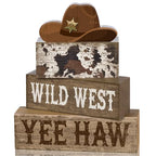 Yuntau 4 Pcs Western Tiered Tray Decorations Set Cowboy Hat Stack Block Signs Desert Farmhouse Rustic Tabletop Tiered Tray Decor for Table Shelf Home Office - style: Western Hat