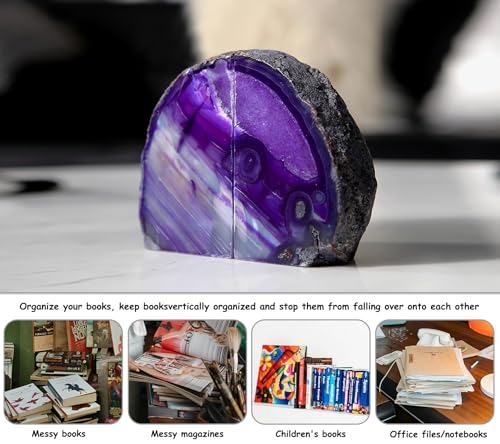 AMOYSTONE Purple Agate Bookends, Heavy Weight Decorative Book Ends for Shelves, Agate Stone Stopper 6-8 LBS for Heavy Books,Perfect for Home and Office Decor - color: Purple, size: 6-8 Pounds