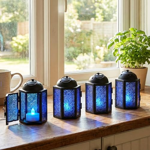 VELA LANTERNS Mini Moroccan Tea Light Candle Holder Lanterns – 4.25" Small Decorative Lantern for Table or Hanging, Metal with Glass Panels – Ramadan, Wedding, Home Decor, Cobalt Blue (Set of 4) - color: Cobalt Blue