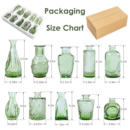 Vintage Small Glass Vases Set of 10,Mini Bud Vases for Flowers,Amber Glass Vases for Centerpieces,Wedding Decorations,Home Table Flower Decor (Hunt Green) - color: Hunt Green