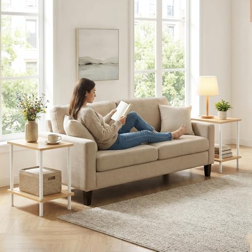 HOOBRO End Table, Small Side Table, Nightstand with 2-Layer Storage Shelves, Sofa Table for Small Spaces, Living Room, Bedroom, Stable Frame, Easy Assembly, Natural and White WN09BZ01 - color: Natural + White