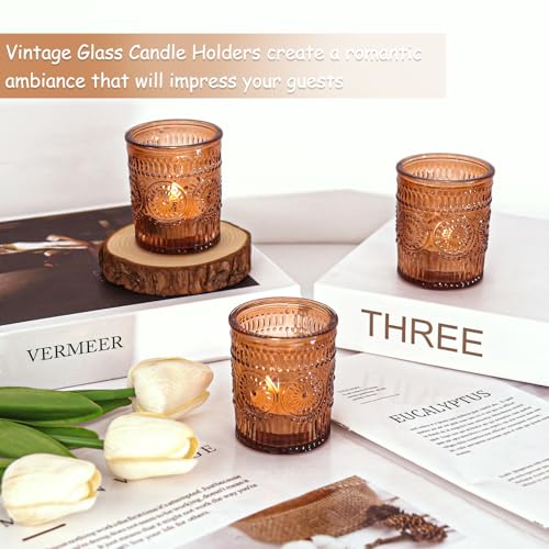 24 Pcs Amber Glass Votive Candle Holders, Tealight Candle Holders for Table Centerpieces, Vintage Candle Holder Bulk, Boho Wedding, Home, Bridal Shower, Birthday Party Table Decor (Amber) - color: Amber