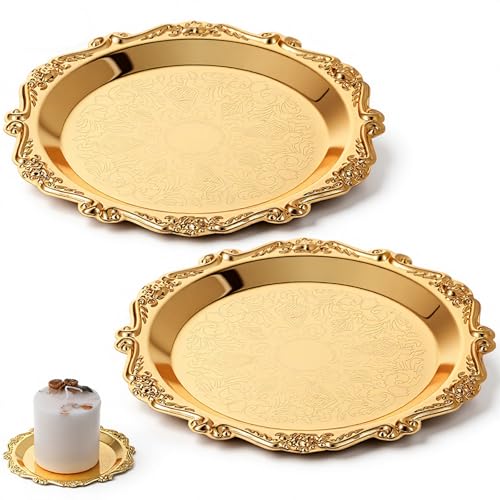 2 PCS Gold Pillar Candle Holder Decor, 5.9 Inch Round Metal Carved Candle Tray, Pillar Candles Plates Stand Decorative for Scented Ball Flameless Candles LED Coffee Table Wedding Party Home