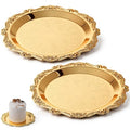 2 PCS Gold Pillar Candle Holder Decor, 5.9 Inch Round Metal Carved Candle Tray, Pillar Candles Plates Stand Decorative for Scented Ball Flameless Candles LED Coffee Table Wedding Party Home