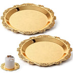 2 PCS Gold Pillar Candle Holder Decor, 5.9 Inch Round Metal Carved Candle Tray, Pillar Candles Plates Stand Decorative for Scented Ball Flameless Candles LED Coffee Table Wedding Party Home