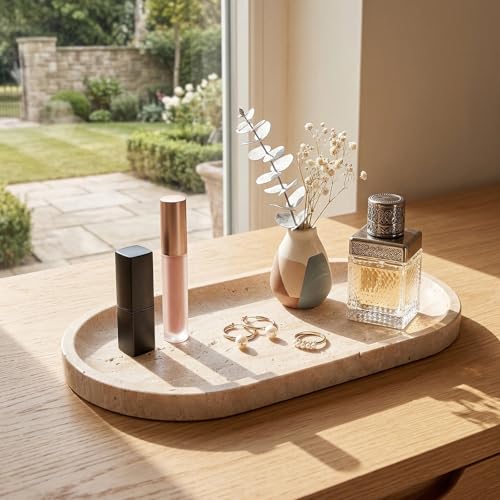 Natural Italian Travertine Tray Oval Decorative Marble Vanity Tray for Bathroom Countertop Hand-Polished Organizer for Kitchen Soap Jewelry Coffee Table Beige (11.8X5.9 Inch)