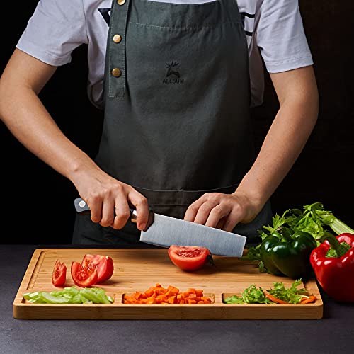Large Bamboo Wood Cutting Board for Kitchen, Cheese Charcuterie Board with 3 Built-in Compartments and Juice Grooves, Butcher Block (17x12.6") - size: 17"L x 12.6"W
