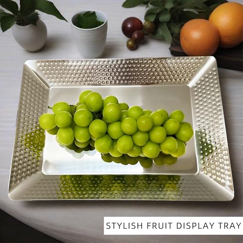 Stainless Steel Rectangular Serving Tray,Multipurpose Hammered Silver Large Decorative Platters,Organizer Tray for Kitchen Or Bathroom