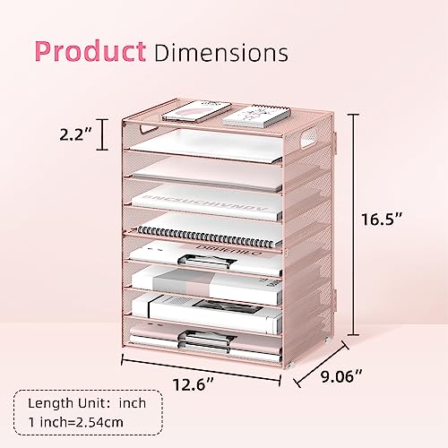 DALTACK 9-Tier Paper Organizer for Desk, Mesh Letter Tray Desk Organizer with Handles, Space-Saving File Organizer for Office Home School, Pink - color: Desk Organizer Pink