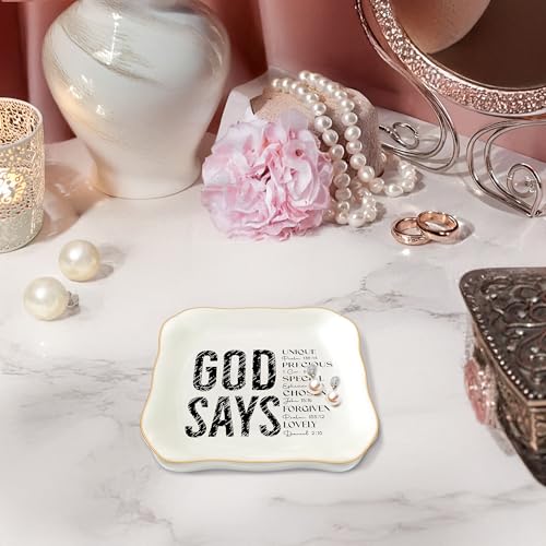 Christian Gifts for Women, Bible Verse Ceramic Jewelry Dish Trinket Ring Tray, Inspirational Floral Gift for Mom Sister Friend Birthday Christmas-God Says You are (White-God Says1) - color: White-God Says1