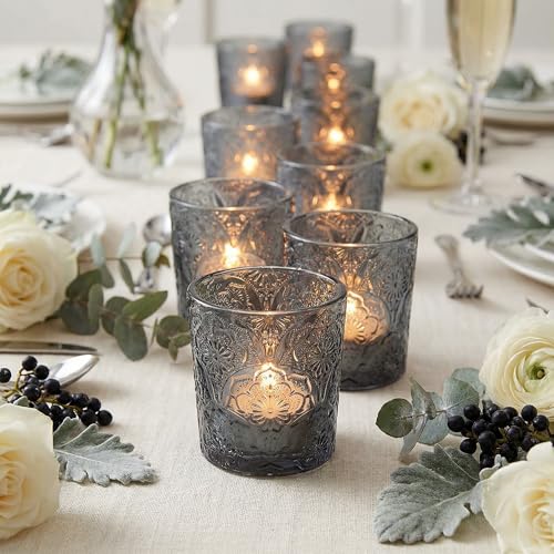 12 Pack Mandala Embossed Glass Candle Holders – Votive Tealight Holders with Patent Design, Decorative Embossed Glass Cups for Wedding Centerpieces, Parties, and Home Décor (Smoky Quartz) - color: Smoky Quartz