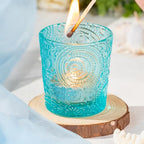 6 Pack Patented Sun Moon Star Embossed Glass Tea Light Candle Holders - Unique Votive Candle Holders for Wedding, Party, and Table Centerpieces (Multi-Color) - color: Multicolor