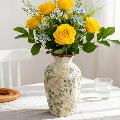 Green Vinatge Vase, Gorgeous Pastoral Octagonal Ceramic Flower Vase, Rustic Farmhouse Ice Cracked Large Chinoiserie Floral Vases for Home Decors, Cottage, Coffee Table, Bookshelf, 9.1 Inch - color: Pastoral Octagonal