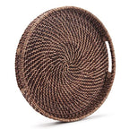 Round Rattan Woven Serving Tray with Handles Ottoman Tray for Breakfast, Drinks, Snack for Coffee Table, Home Decorative (11"x1.6", Honey Brown) - size: 11"