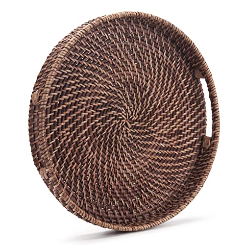 Round Rattan Woven Serving Tray with Handles Ottoman Tray for Breakfast, Drinks, Snack for Coffee Table, Home Decorative (11"x1.6", Honey Brown) - size: 11"