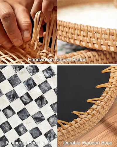 Round Rattan Tray with Mother of Pearl Inlay, Decorative Serving Tray with Wooden Base, Woven Wicker Tray for Coffee, Bread, Fruits, Home Decor(Black Checkerboard, 11.8")