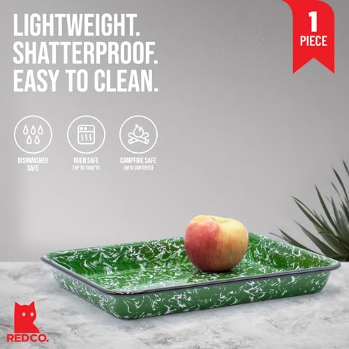 Red Co. 11" x 9" Enamelware Metal Classic 2 Quart Rectangular Serving Tray, Dark Green Marble/Black Rim - Splatter Design - color: Dark Green