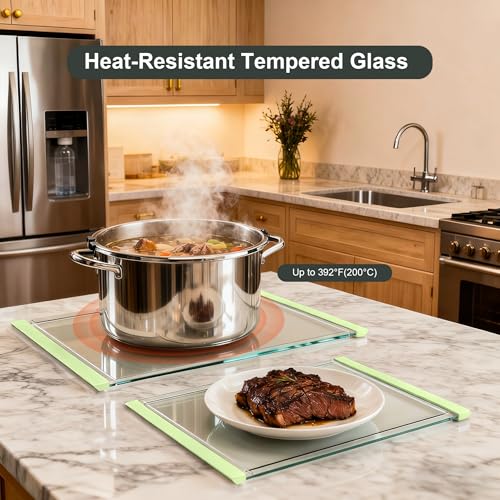Tempered Glass Cutting Board Set for Kitchen Counter - Dishwasher Safe with Juice Grooves, Non-Slip Silicone Edges & Beveled Grip - 16"x12" & 12"x8" Serving Tray (Green) - color: Green