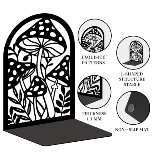 Mushroom Book Ends Design, Metal Bookends for Decorative Books, Heavy Duty Bookends for Shelves, 3.5"x4.7"x7.1" Book Stopper for Home Office School Bookshelf Decor - style: Mushroom