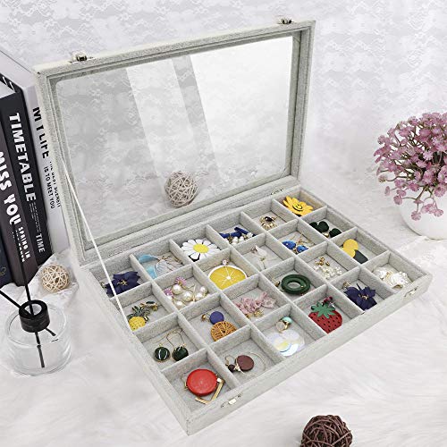Stratalife Velvet Jewelry Organizer 24 Grid Jewelry Tray with Clear Glass Lid Display Showcase Storage Organizer Box for Earring Necklace Rings Dice Gray (24 Grids) - color: Gray, size: 30 Grid