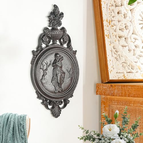 Sungmor Ornate Cast Iron Wall Art Plaque – Classical Woman Relief in French Country Style, Decorative Wall Sculpture - Vintage Hanging Décor for Home, Garden, or Patio – Rustic Black Finish - color: Rustic Black & A