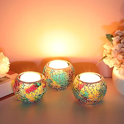 OwnMy Set of 3 Colorful Mosaic Glass Tea Light Holders Round Bowl Votive Candle Holders Pillar Candle Stands, Glass Mosaic Tealight Holders Potted Plant Bowl Vase Candle Centerpiece for Table Wedding - color: Rainbow